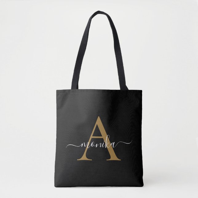 Elegant Minimal Black Gold Monogram Name Initial Tote Bag (Front)