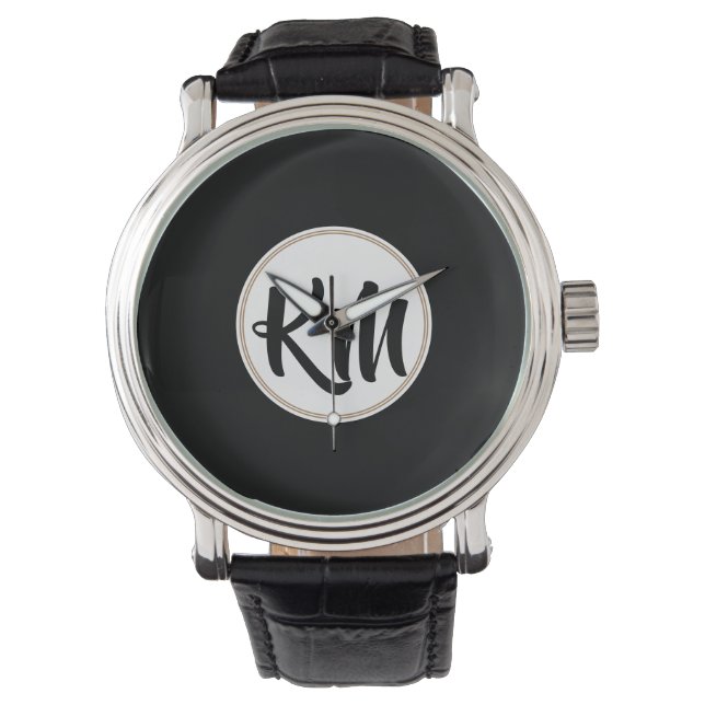 Elegant Minimal Black Gold Monogrammed Watch (Front)
