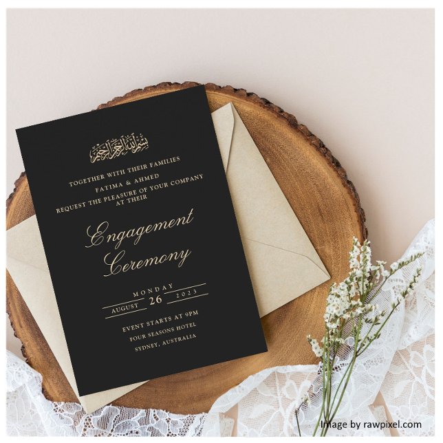Elegant Minimal Black Gold Muslim Engagement Party Invitation (Creator Uploaded)
