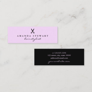 Elegant minimal black purple scissors hairstylist mini business card