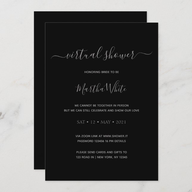 Elegant Minimal Black Silver Virtual Bridal Shower Invitation (Front/Back)