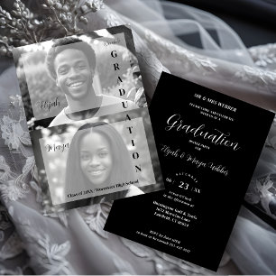 Elegant Minimal Black & White 2 Photos Double Grad Invitation