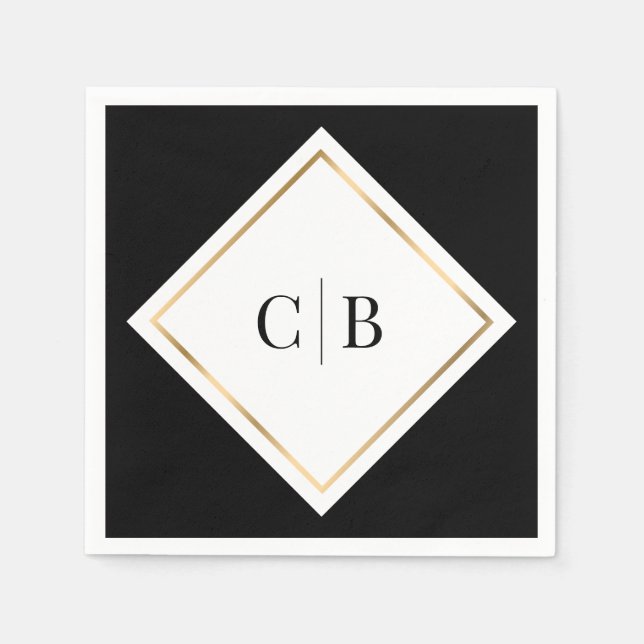 Elegant Minimal Black White Gold Monogram Wedding Napkin (Front)