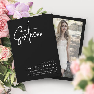 Elegant Minimal Black White Photo Sweet 16  Invitation