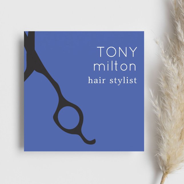 Elegant Minimal Blue Black Scissors Hairstylist Square Business Card (Creator Uploaded)
