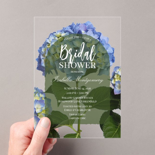 Elegant Minimal Blue Hydrangea Bridal Shower Acrylic Invitations (Insitu (Handheld))
