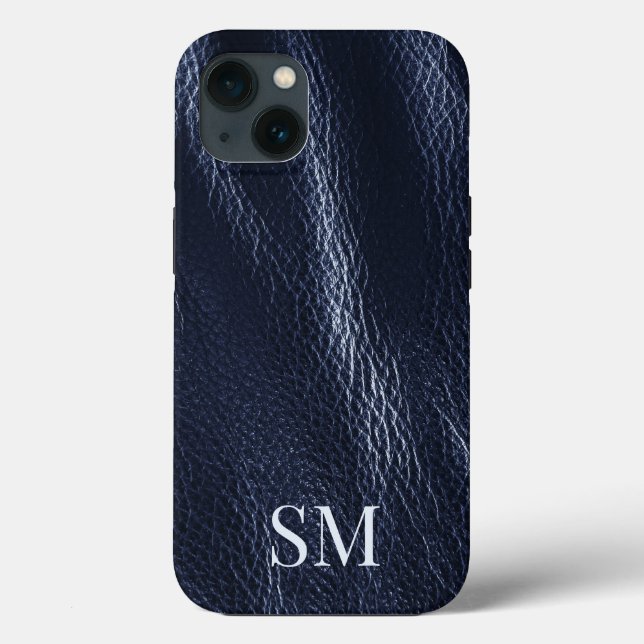 Elegant Minimal Blue Leather Monogram Initials Case-Mate iPhone Case (Back)