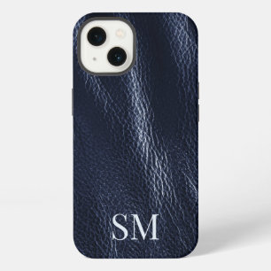 Elegant Minimal Blue Leather Monogram Initials iPhone 13 Case