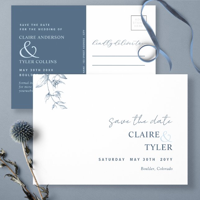 Elegant Minimal, Blue Wedding Save The Date Postcard (Creator Uploaded)