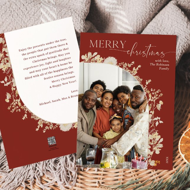 Elegant Minimal Boho Red Christmas Photo  Holiday Card (Creator Uploaded)