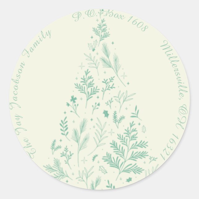 Elegant Minimal Botanical Christmas Return Address Classic Round Sticker (Front)