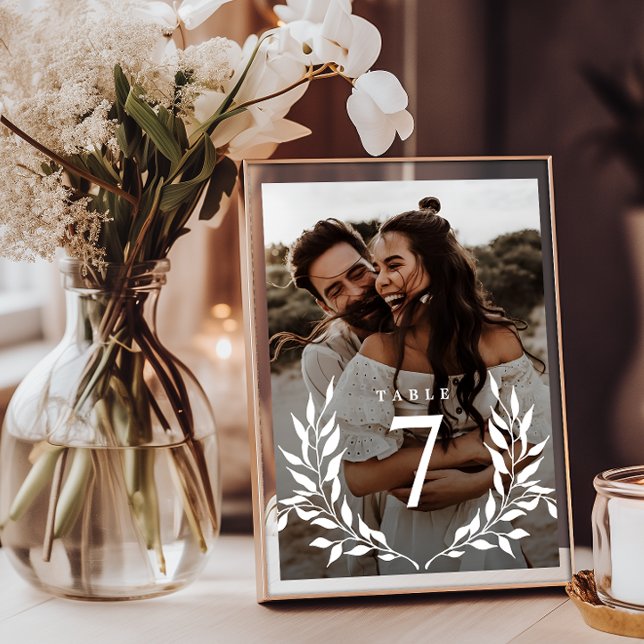 Elegant Minimal Botanical Monogram 2-Photo Wedding Table Number (Creator Uploaded)
