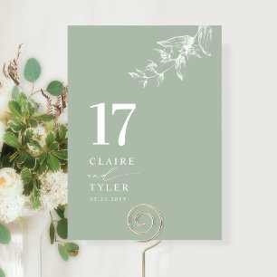 Elegant, Minimal Botanical Pale Green Wedding Table Number