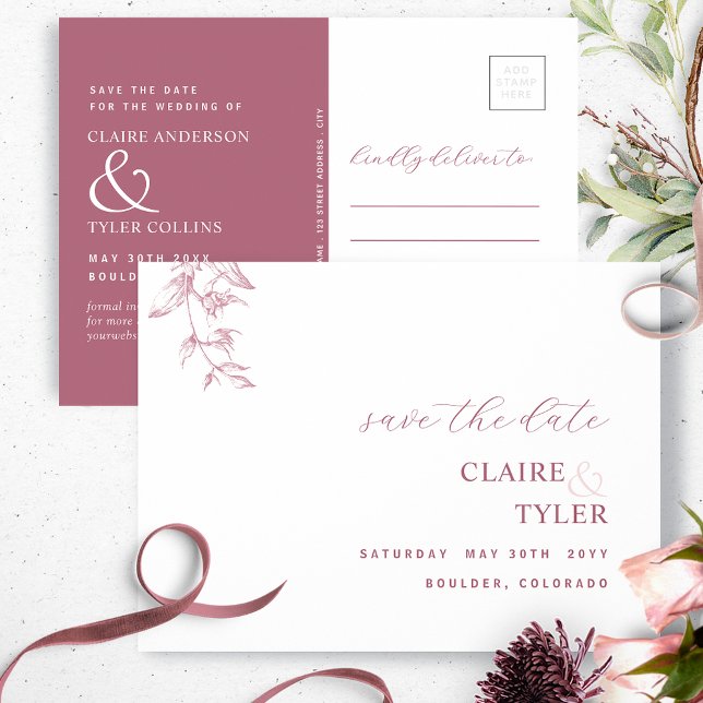 Elegant Minimal, Burgundy Wedding Save The Date Postcard (Creator Uploaded)