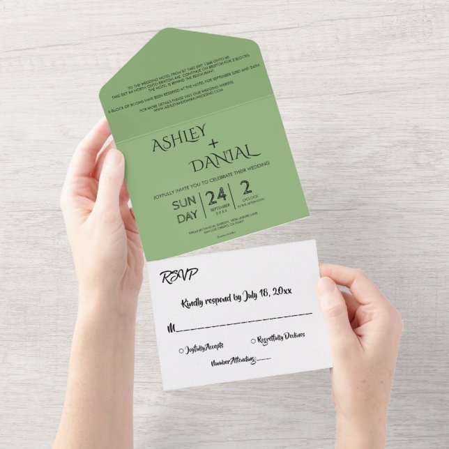 Elegant Minimal Calligraphy Green Modern Wedding All In One Invitation (Tearaway)