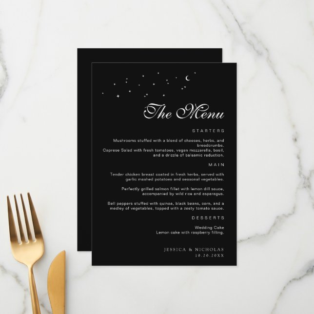 Elegant Minimal Celestial Black & White Wedding Menu (Front/Back In Situ)