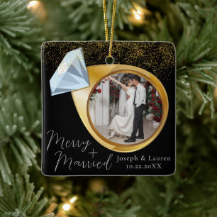 Elegant Minimal Christmas Merry + Married Ceramic Ornament