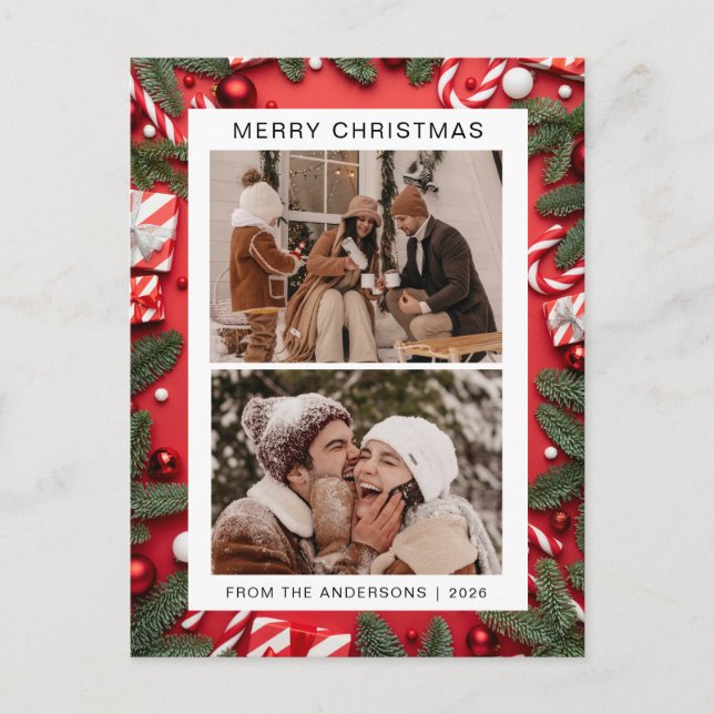 Elegant Minimal Christmas | Modern Family 2 Photo Holiday Postcard (Front)