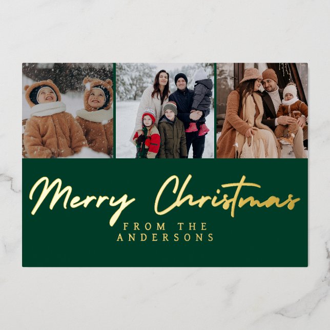 Elegant Minimal Christmas | Modern Family 3 Photo Foil Holiday Card (Front)