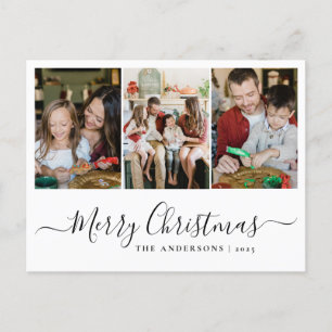 Elegant Minimal Christmas Modern Family 3 Photo Holiday Postcard