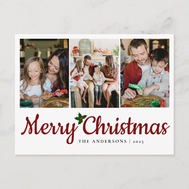 Elegant Minimal Christmas | Modern Family 3 Photo  Holiday Postcard (Front)