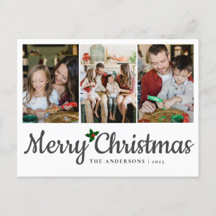 Elegant Minimal Christmas Modern Family 3 Photo Holiday Postcard