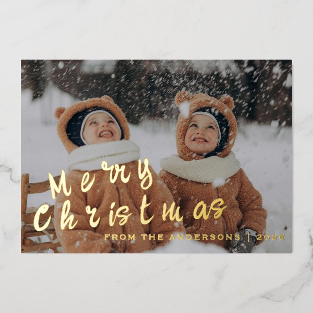 Elegant Minimal Christmas | Modern Family Portrait Foil Holiday Card (Front)