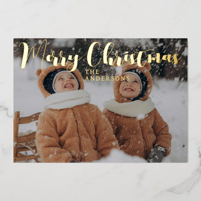 Elegant Minimal Christmas | Modern Family Portrait Foil Holiday Card (Front)