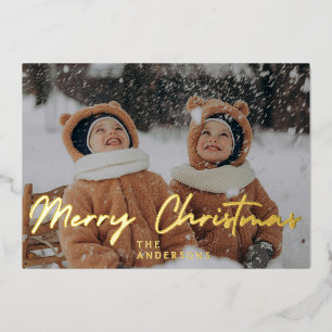 Elegant Minimal Christmas Modern Family Portrait Foil Holiday Card