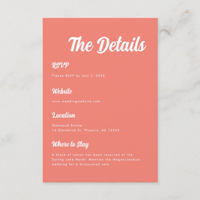 Elegant Minimal Coral Pink Script Wedding Details Enclosure Card (Front)