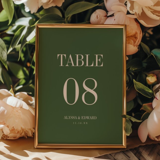 Elegant Minimal Dark Green Custom Names Wedding Table Number (Creator Uploaded)
