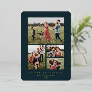 Elegant Minimal Dark Green Frame 4 Photo Foil Holiday Card