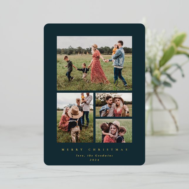 Elegant Minimal Dark Green Frame 4 Photo Foil Holiday Card (Standing Front)