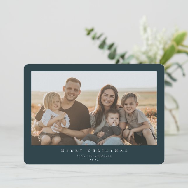 Elegant Minimal Dark Green Frame Single Photo Holiday Card (Standing Front)