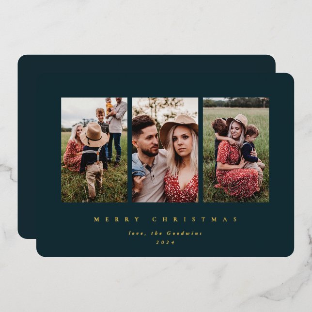 Elegant Minimal Dark Green Frame Triple Photo Foil Holiday Card (Front/Back)