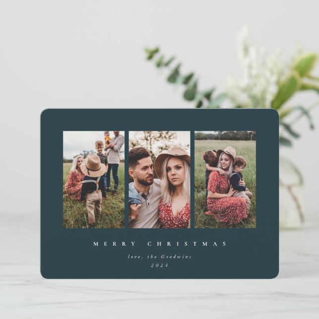 Elegant Minimal Dark Green Frame Triple Photo Holiday Card (Standing Front)