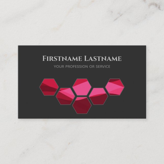 Elegant minimal dark grey berry hexagon shapes business card (Front)