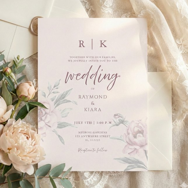 Elegant Minimal Dusky Pink Peony Floral Wedding  Invitation (pink peony personalized wedding invitation)