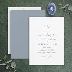 Elegant Minimal Dusty Blue Formal Monogram Wedding Invitation