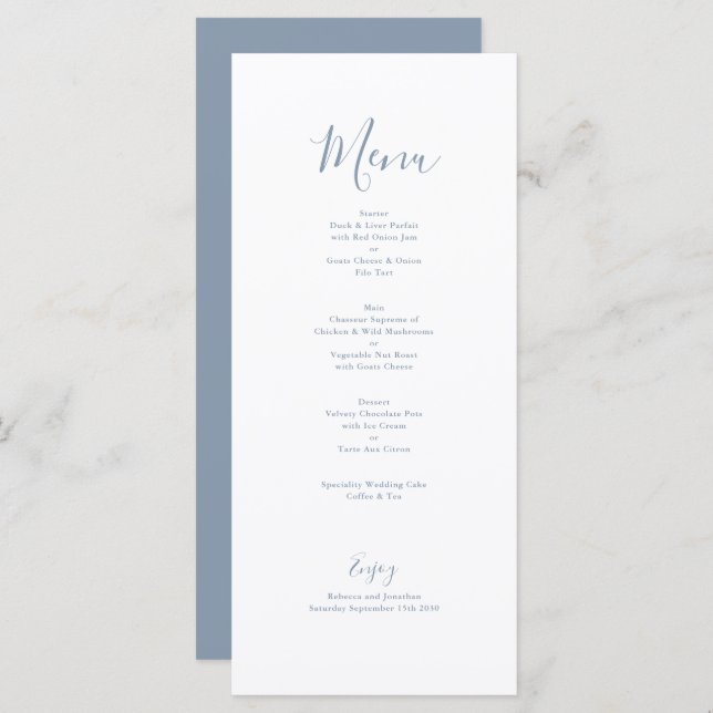 Elegant Minimal Dusty Blue Wedding Menu Card (Front/Back)