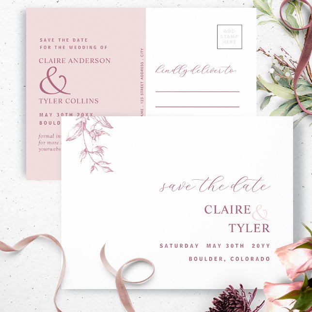 Elegant Minimal, Dusty Pink Wedding Save The Date Postcard (Creator Uploaded)