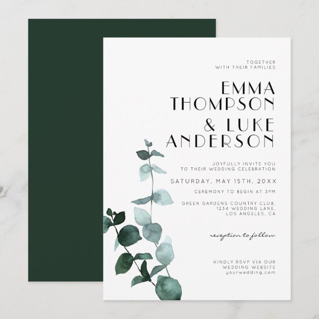 Elegant Minimal Eucalyptus Greenery Leaves Wedding Invitation (Front/Back)