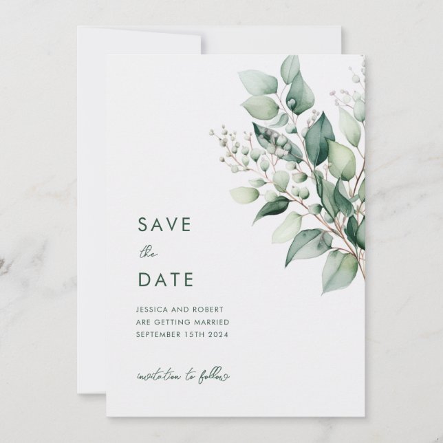 Elegant Minimal Eucalyptus Greenery Wedding Save The Date (Front)