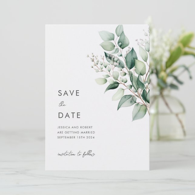 Elegant Minimal Eucalyptus Greenery Wedding Save The Date (Standing Front)