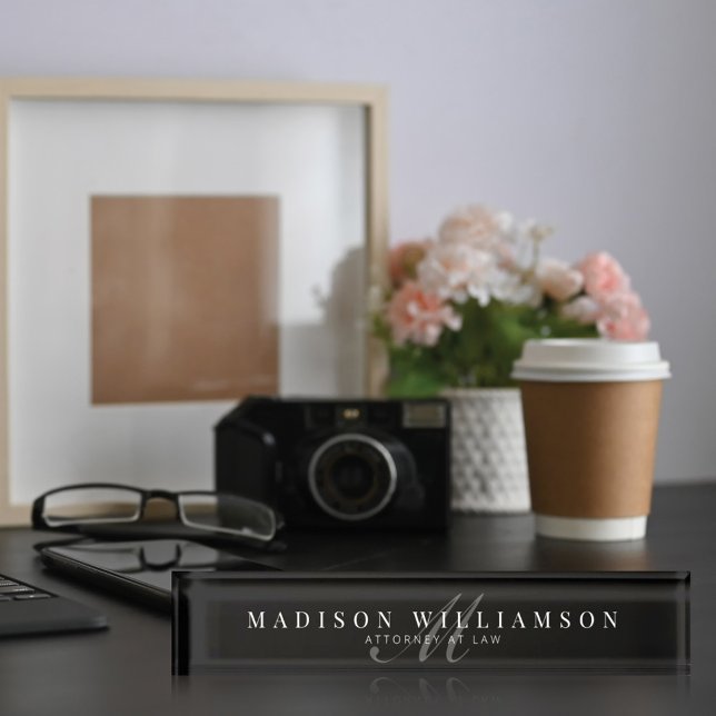 Elegant Minimal Executive Name & Monogram Black Nameplate (Creator Uploaded)