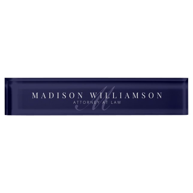 Elegant Minimal Executive Name & Monogram Navy Nameplate (Front)