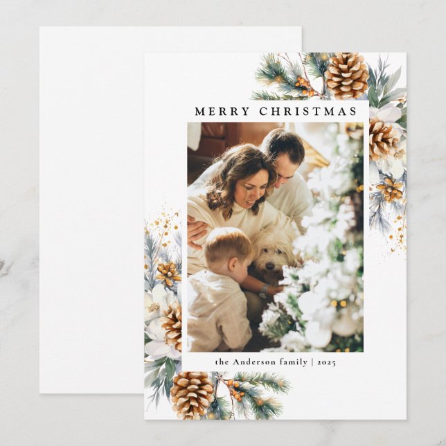 Elegant Minimal Family Photo Botanical Christmas Holiday Card (Front/Back)