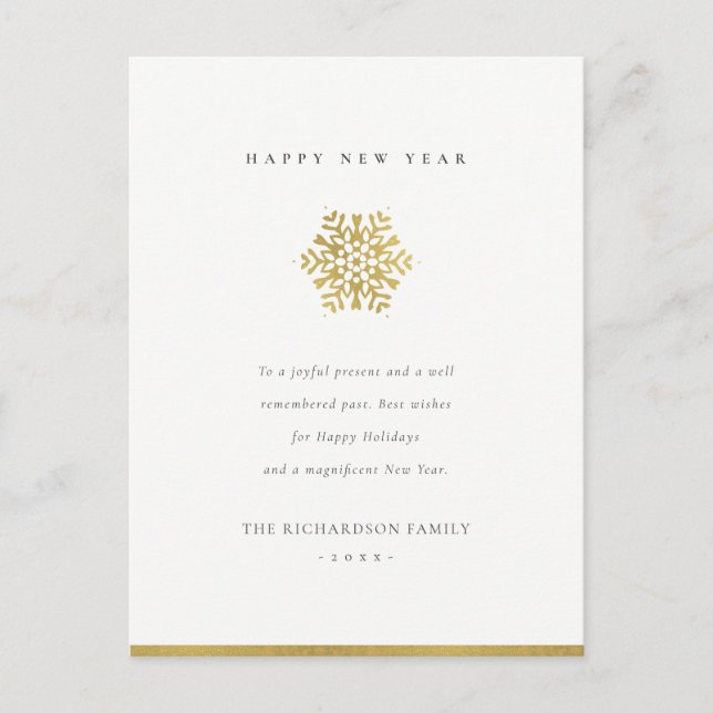 Elegant Minimal Faux Gold Snowflake Happy New Year Holiday Postcard (Front)
