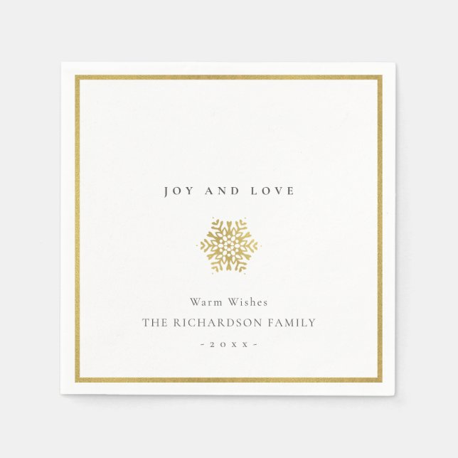 Elegant Minimal Faux Gold Snowflake Love & Joy Napkin (Front)