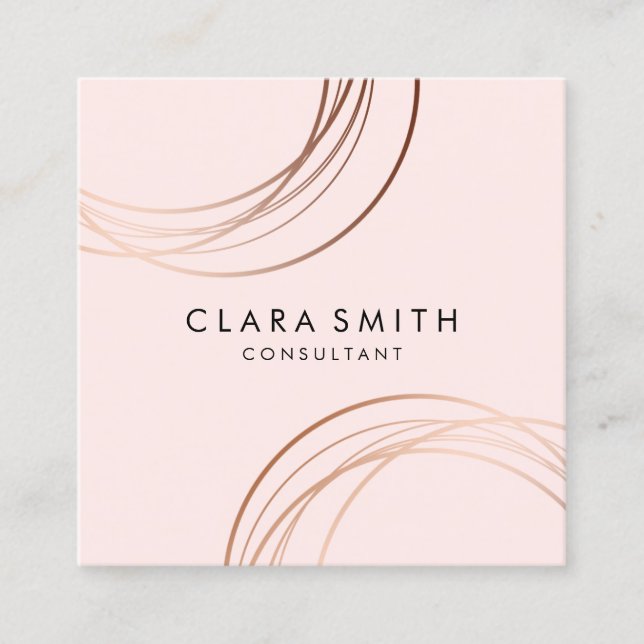 Elegant minimal faux rose gold geometric pink square business card (Front)
